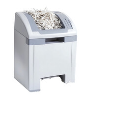 A modern paper shredder overflowing with shredded paper. Isolated on transparent white background, png	
