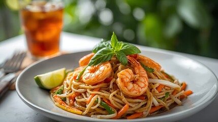Delicious shrimp noodle dish with fresh vegetables and lime served with iced tea on the side