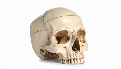 Beige anatomical human skull model showing side and front view with detailed bone structure