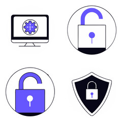 Collection of security icons featuring a computer, shield, and open padlock isolated on white background