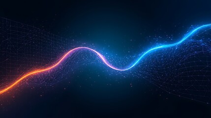 Abstract glowing wave of digital particles flowing on a dark background conveys modern technology and futuristic science