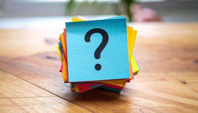 Stack of colorful sticky notes on wood surface, top note blue with black question mark - Powered by Adobe
