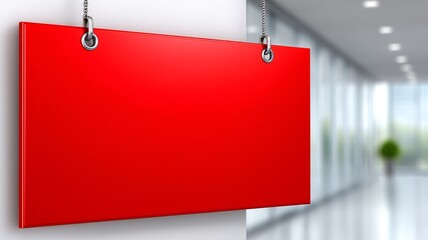 Large blank red rectangle suspended by chains against a blurred modern interior hallway background