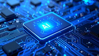 Glowing blue AI chip on illuminated circuit board with electronic pathways