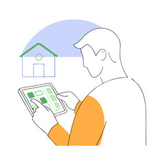 Man using tablet to search for a home or property, real estate concept isolated on white background