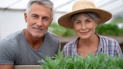 Smiling senior couple posing together amidst lush green plants in a greenhouse