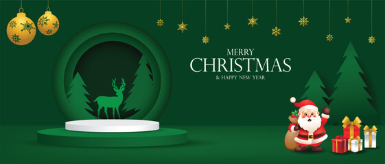 Merry Christmas Santa with Gifts and Deer Podium Scene