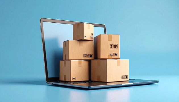 Laptop with stacked cardboard boxes symbolizing online shopping on light blue background