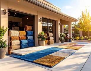 Fototapeta premium Colorful area rugs displayed outdoors with natural lighting
