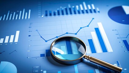 Magnifying glass over blue bar and line graphs highlighting data analysis