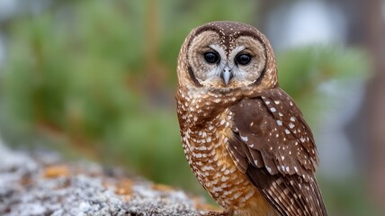 Obraz premium A spotted owl perches on a textured rock facing the viewer with large dark eyes 91 characters