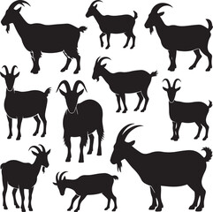 Collection of Eleven Black Silhouette Goats in Various Poses on White Background animal farm