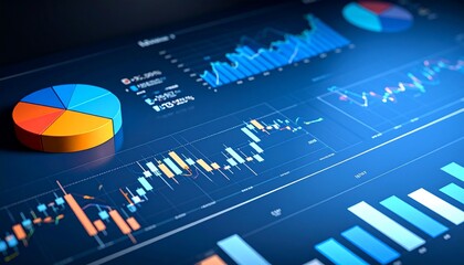 Digital dashboard with pie charts, line graphs, and bar charts on dark interface.