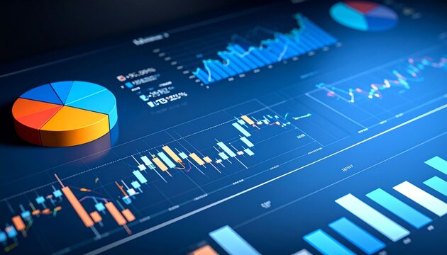 Digital dashboard with pie charts, line graphs, and bar charts on dark interface.