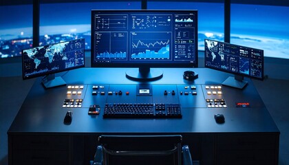 Futuristic control room with multi-screen data dashboards and Earth visualization