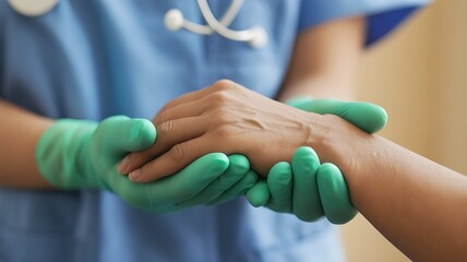 Surgeon, surgical doctor, anesthetist or anesthesiologist holding patient's hand for health care trust and support in professional ER surgical operation, medical anesthetic safety, healthcare concept