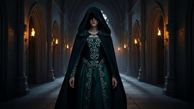A mysterious medieval woman in a dark hooded cloak standing in a torch-lit castle hallway