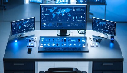 Futuristic control room with multi-screen data dashboards and Earth visualization