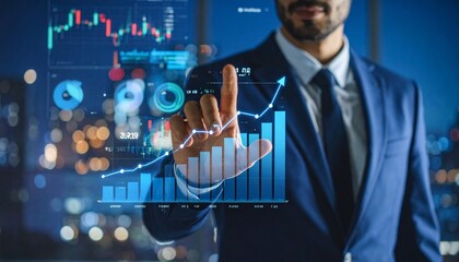 Businessman interacting with rising virtual graph over city lights.