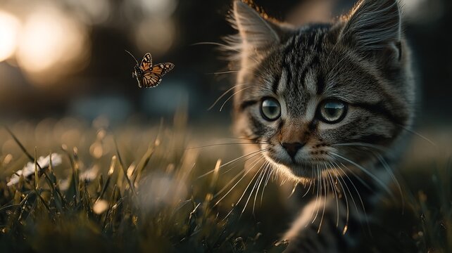 Close up of a curious tabby kitten's face looking at a butterfly in tall grass during golden hour