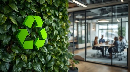 Green recycle symbol on a vertical garden wall in a modern office promoting environmental sustainability