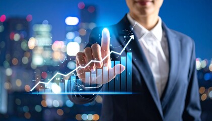 Businessman interacting with rising virtual graph over city lights