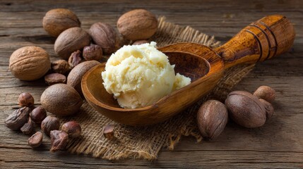 A 4K photo of luxurious shea butter scoop beside whole shea nuts on rustic wood.