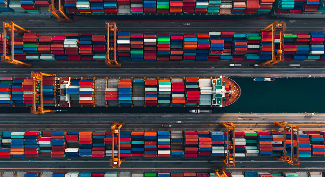 An aerial top-down view of a container ship at a busy port terminal, surrounded by colorful stacked cargo containers.