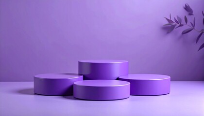 Purple cylindrical platforms with leaf shadows on monochrome background.