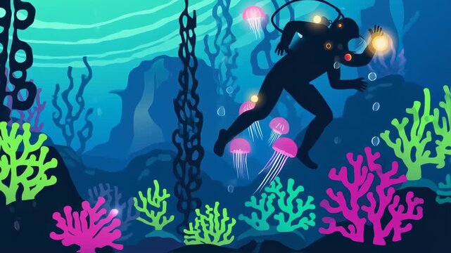 Dynamic Underwater Exploration: Scuba Diver with Glowing Light Amidst Vibrant Coral and Jellyfish