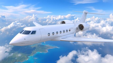 Naklejka premium White private jet airplane flying above ocean and coastline under a blue sky with clouds