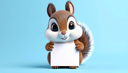 Fototapeta premium Cartoon squirrel holding blank paper on blue background.