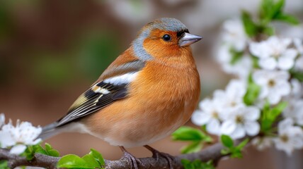 Close up of a colorful male chaffinch perched on a branch with white blossoms