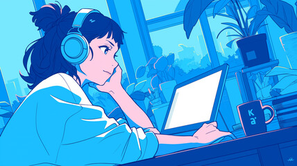タブレットを使って趣味を楽しむ女性キャラクターのイラスト。イラスト制作や動画鑑賞、読書など多彩なシーンを連想させる、クリエイティブで現代的な日常を表現した作品。