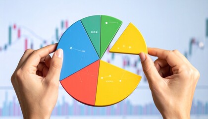 Hands holding colorful five‑segment pie chart with one slice removed, overlaid on financial candlestick and line graph background, modern market data visualization
