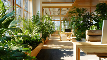 Modern Office Space with Abundant Greenery and Natural Light