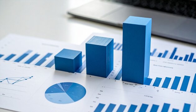 3D blue bar graphs rising over printed charts in a data-driven workspace.