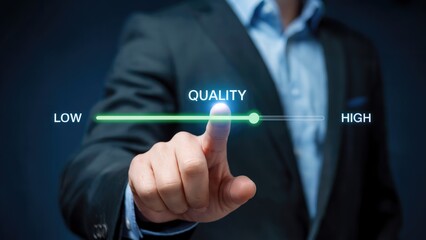 Confident businessman adjusts quality slider to achieve high performance and excellence in business