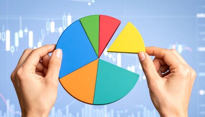 Hands holding colorful five‑segment pie chart with one slice removed, overlaid on financial candlestick and line graph background, modern market data visualization