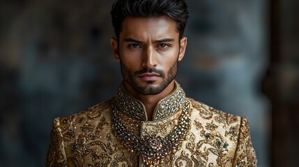 A formally dressed man in a traditional ceremonial golden outfit