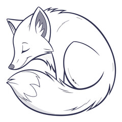 Illustration of a curled up sleeping fox, isolated on white background, showcasing its fluffy tail and peaceful expression