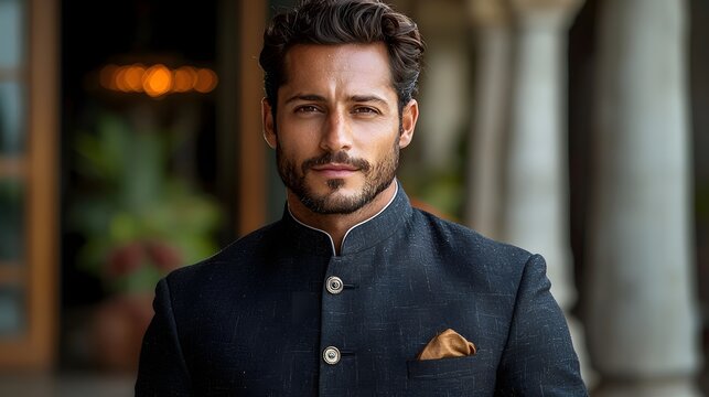 Portrait of a dignified and traditional Indian man wearing a Nehru jacket