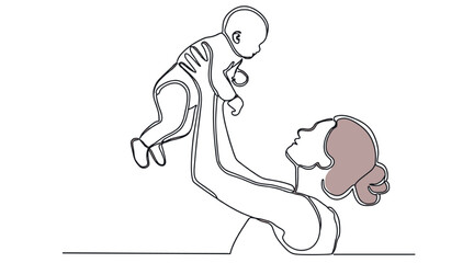 Minimalist one-line drawing of a mother lifting her baby joyfully in the air, symbolizing love, care, and family connection, with subtle color accents for hair, on a clean white background.