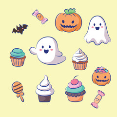 set of collection cute vector elements halloween lieka pumpkin, ghost and cake vector