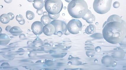 Hyaluronic acid or Moisturizer serum drop, essential Oil Bubbles for cosmetics in water, beauty cosmetic concept, Collagen and vitamin, Skin solution for reducing wrinkles, 3d render