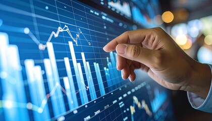 Hand pointing at digital financial dashboard with interactive charts and graphs, modern data analysis concept