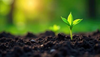 Obraz premium Vibrant green shoots emerge from dark, rich soil, symbolizing rebirth and renewal after a long winter A powerful image representing hope, growth, and the cycle of life , environment, garden, vibrant