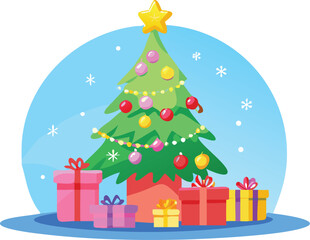 Fototapeta premium A vibrant illustration of a decorated Christmas tree with a golden star on top and various gift boxes underneath