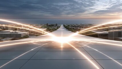Cityscape converging at a radiant, network-like point of light on a futuristic, grey plaza, overlooking a tranquil ocean under a twilight sky - Powered by Adobe