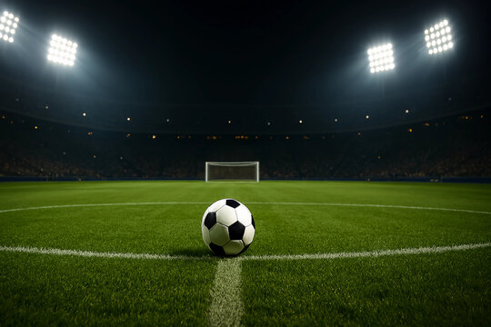 Anticipation hangs in the air as a soccer ball sits on the pitch ready for kickoff under stadium lights at night low - Powered by Adobe
